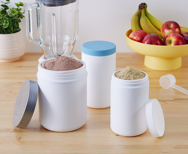 protein powders in wide mouth canisters