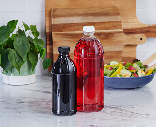 vinegar bottles in kitchen
