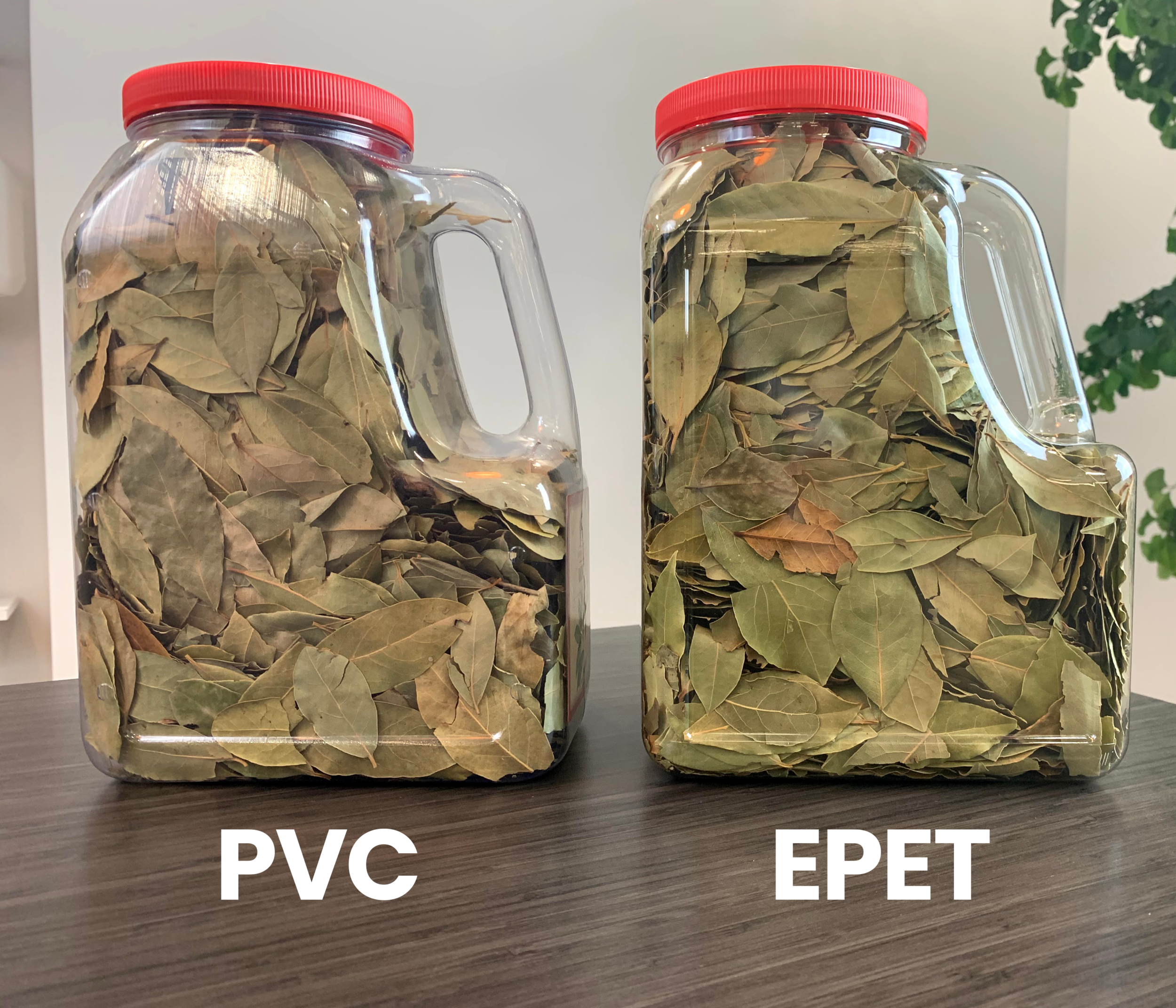 picture comparing clarity of EPET bottle vs PVC next to it