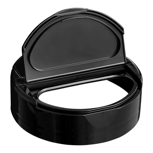 black 63 mm spice bottle pour cap open, showing large pour opening